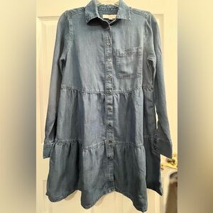 Loft Chambray Tiered Long Sleeves Swing Button Up Lyocell Linen Mini Dress